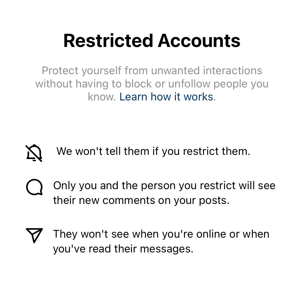 Описание функции «ограничения» пользователя в Instagram (продукт компании Meta, признанной экстремистской организацией в РФ)