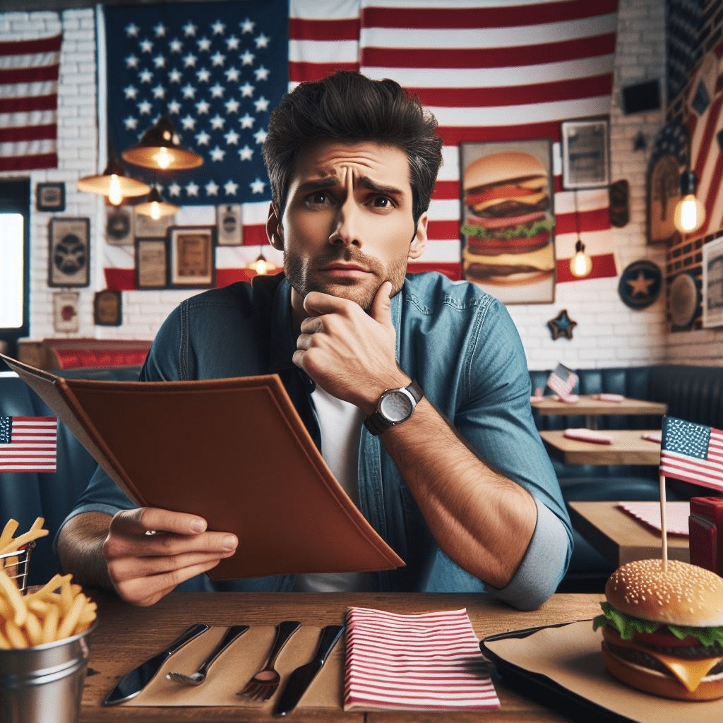 DALLE-3 сгенерировала изображения по запросу «русский в ресторане» — с бородой и неизменной стопкой водки. «Американец в ресторане» — конечно, на фоне флага США и с картошкой фри и гамбургером. Скрин автора