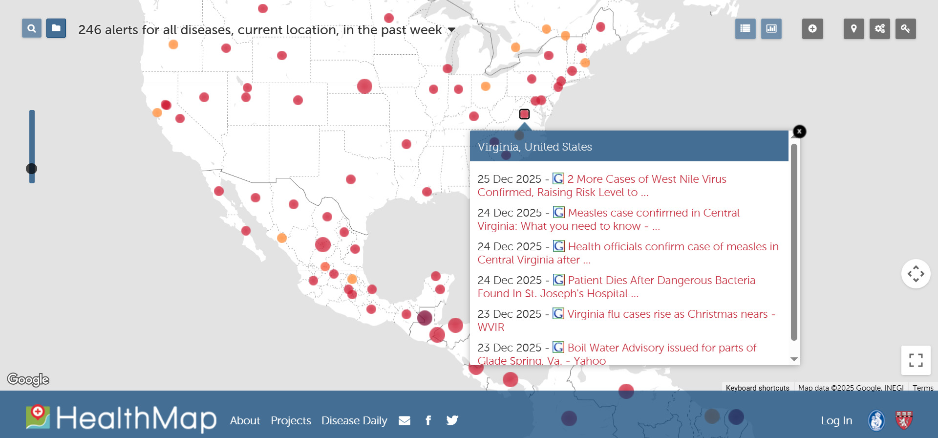 Предупреждения о возможных вспышках заболеваний на карте HealthMap в декабре 2025 года