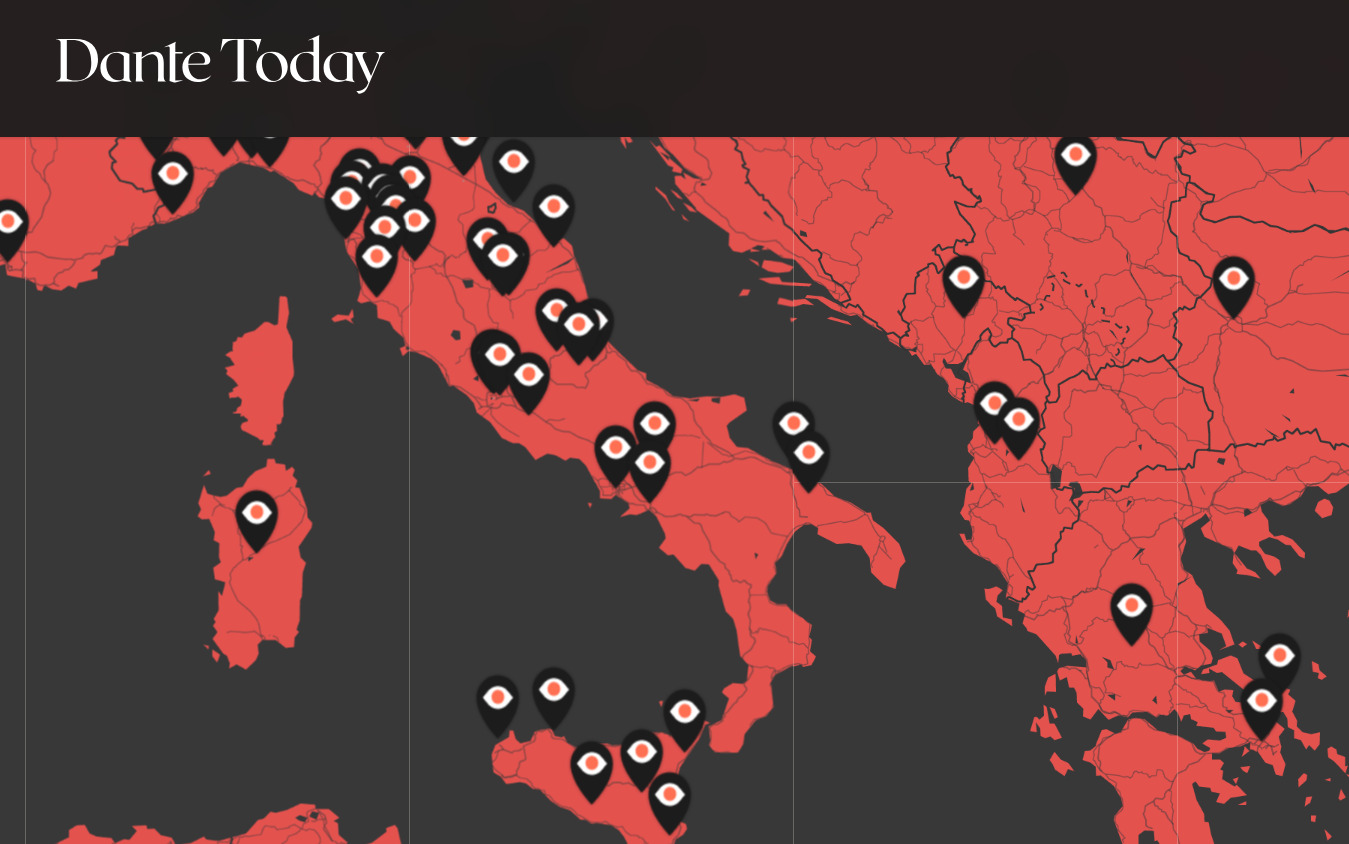 Фрагмент интерактивной карты проекта Dante Today, который визуализирует отсылки к Данте в современной культуре по всему миру