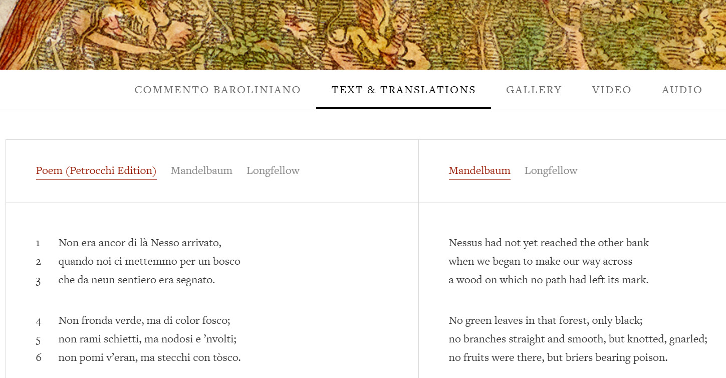 Интерфейс Digital Dante. Для песен «Божественной комедии» доступны: оригинальный текст, перевод, комментарий, иллюстрации, видео-лекции и аудиозапись