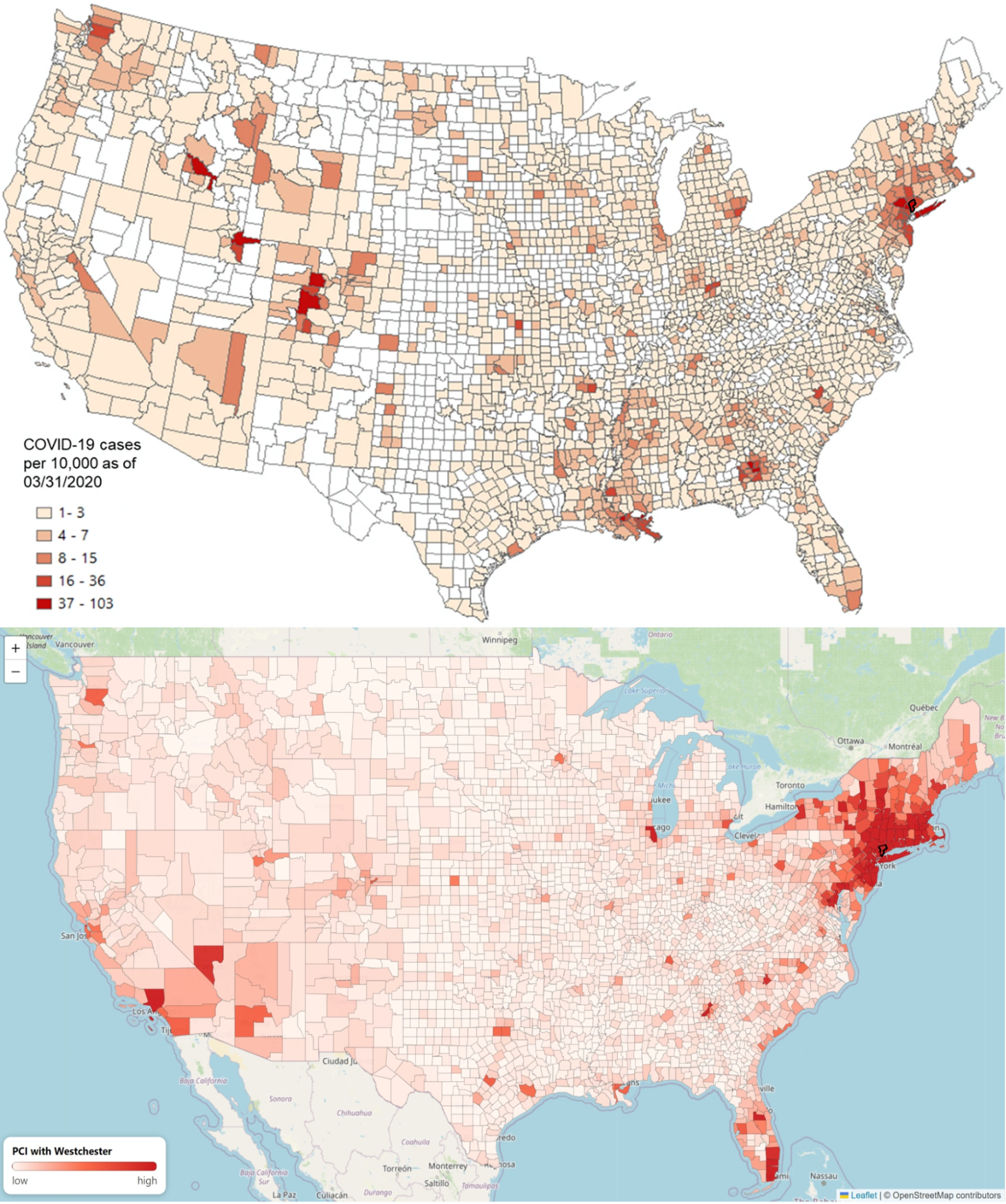 В начале марта 2020 года эпицентром COVID-19 в США был Уэстчестер, округ штата Нью-Йорк (обведен черным). В конце марта заболеваемость в стране (вверху) значимо коррелировала с PCI (внизу) между конкретным округом и Уэстчестером — в том числе после вычета влияния дистанции. При этом PCI был посчитан не на актуальных данных Твиттера, а на «исторических», за 2019 или 2018 год, то есть отражал не фактические перемещения в начале пандемии, а обычную мобильность между округами