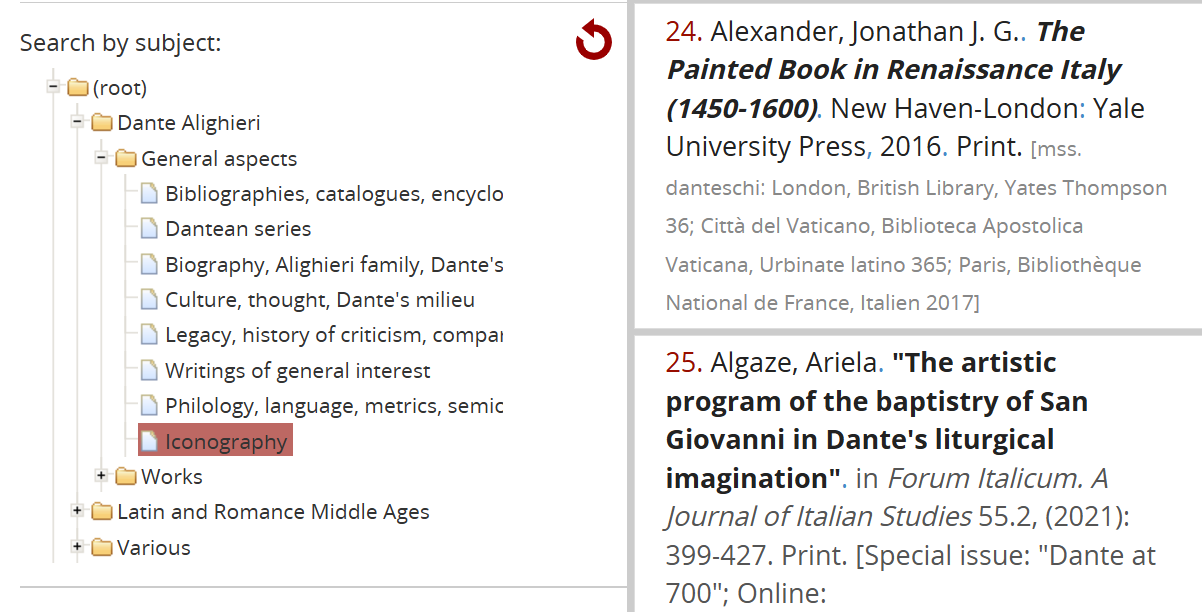 Поиск научных статей, посвященных Данте в цифровой библиографической базе данных. Доступна фильтрация по категориям
