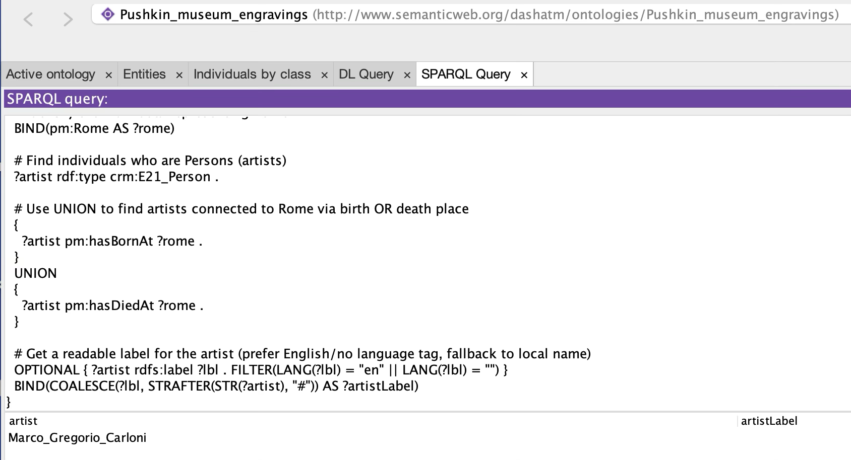 Пример SPARQL-запроса: какие художники родились или умерли в Риме