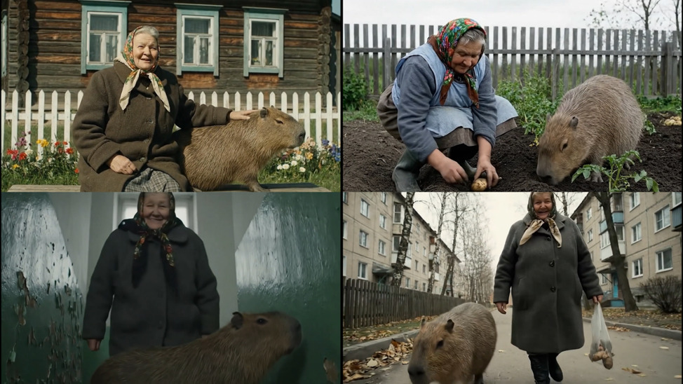 Модификация ИИ-мема: бабушка и капибара