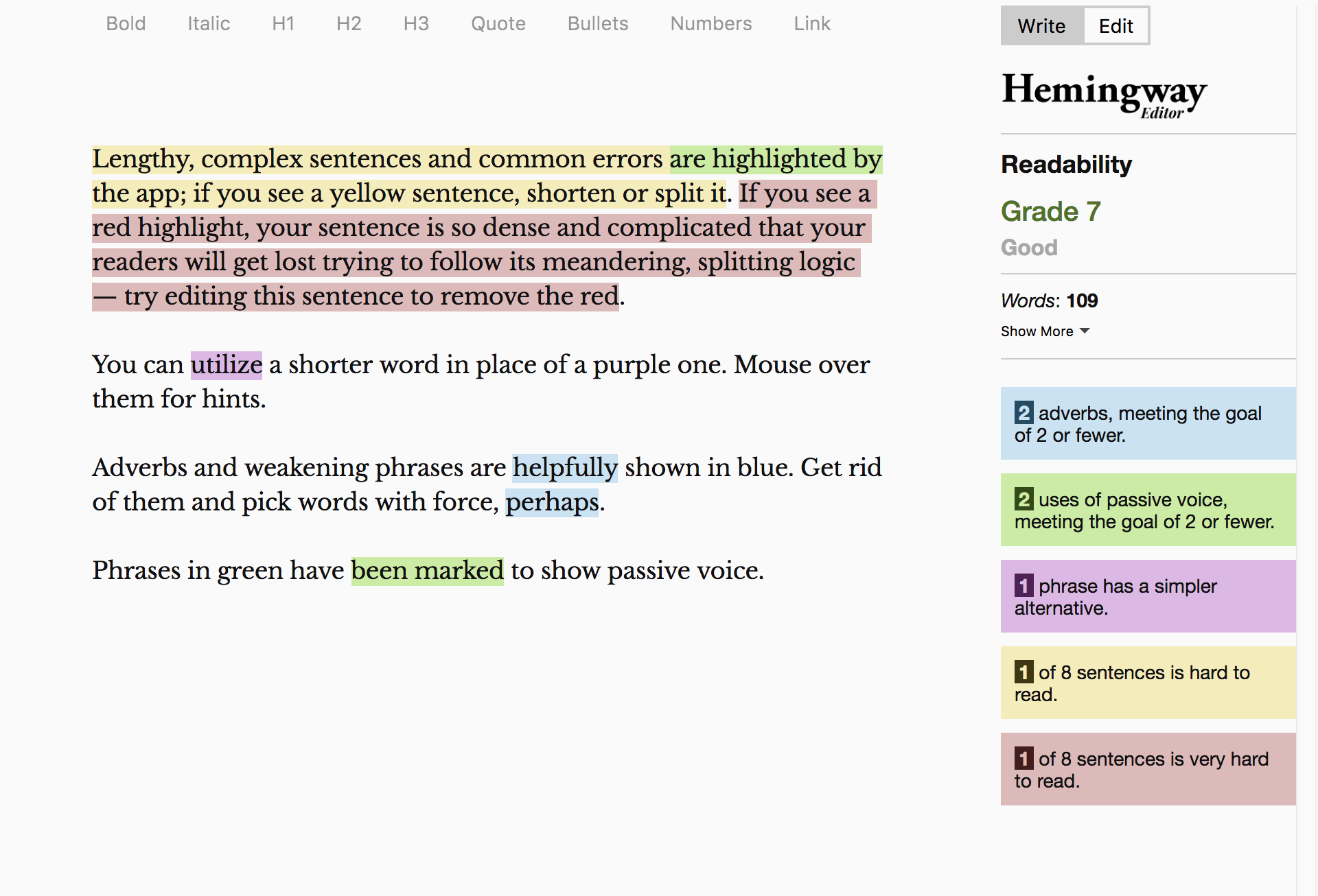 Интерфейс приложения Hemingway App