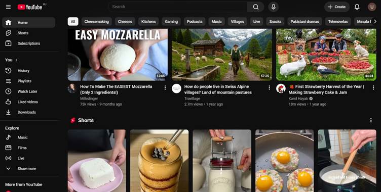 Пример персональной ленты YouTube, сформированной на основе истории просмотров и поисковых запросов